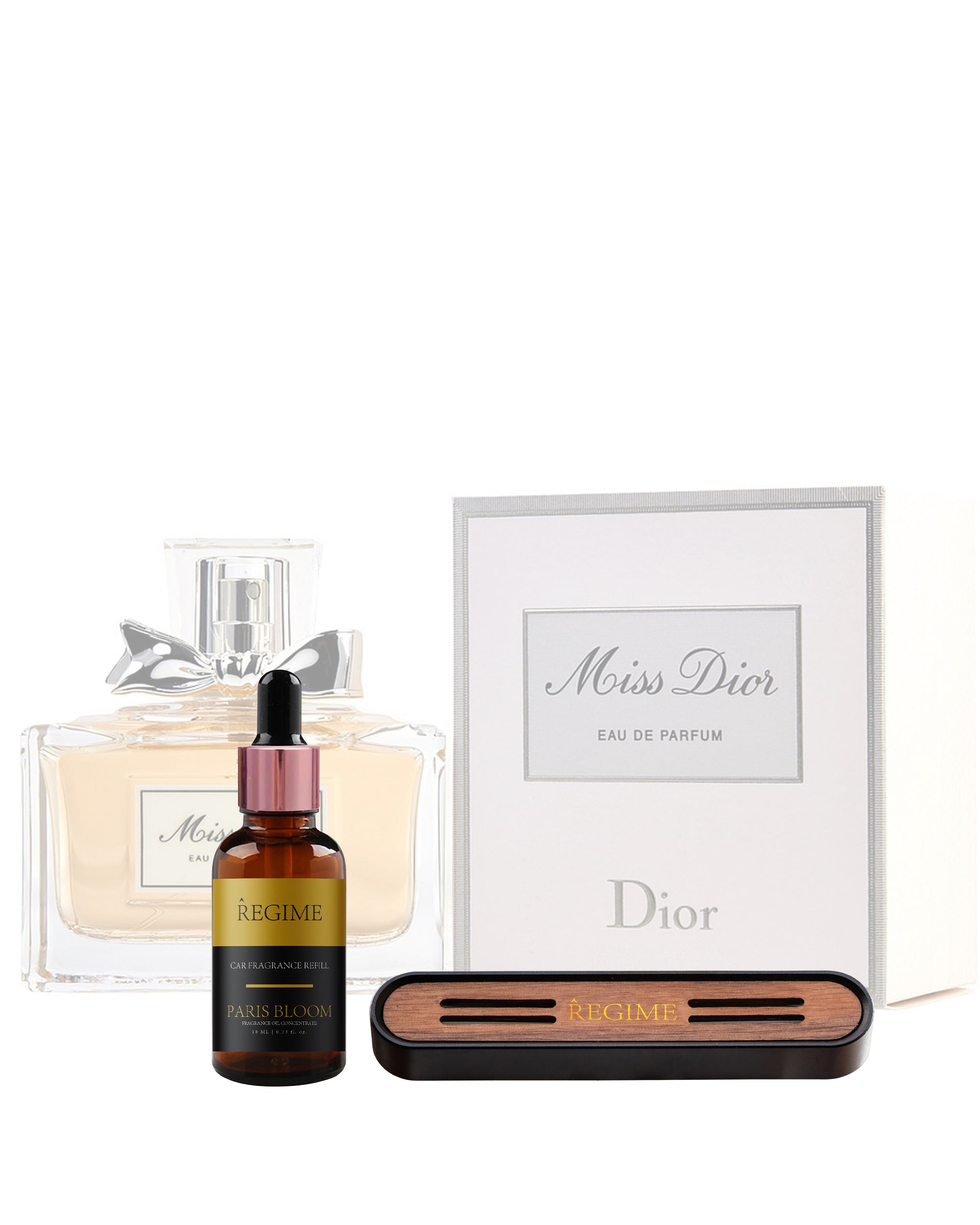 A subtly faded backdrop featuring Miss Dior perfume for women; in the foreground, a premium fragrance oil dropper bottle inspired by Miss Dior, accompanied by a Regime Fragrances car air freshener vent clip with a sleek black charcoal metal casing and an elegant wooden front panel featuring precision-cut slots for optimal scent diffusion.