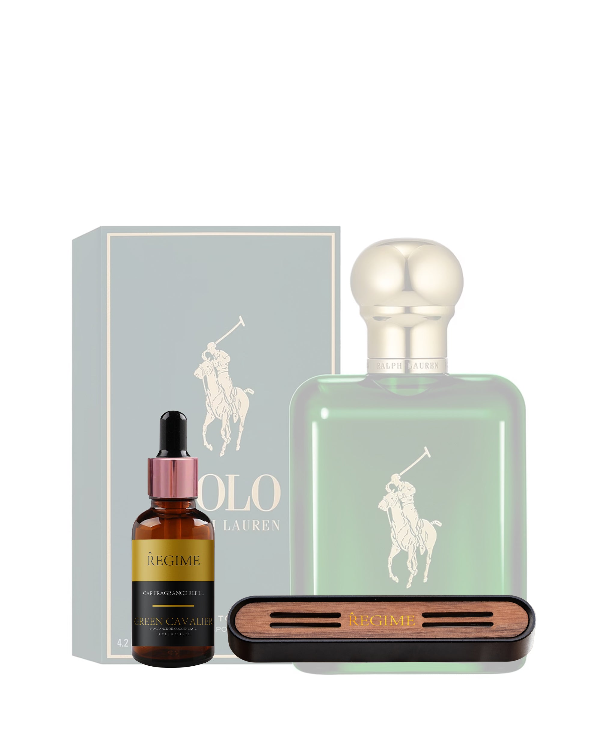 Luxury fragrance set featuring a faint image of Polo Sport Green perfume for men in the background. In the foreground, a fragrance oil dropper bottle inspired by Polo Sport Green and a Regime Fragrances car air freshener vent clip with a sleek charcoal black metal exterior and a wooden panel with slits for scent diffusion.