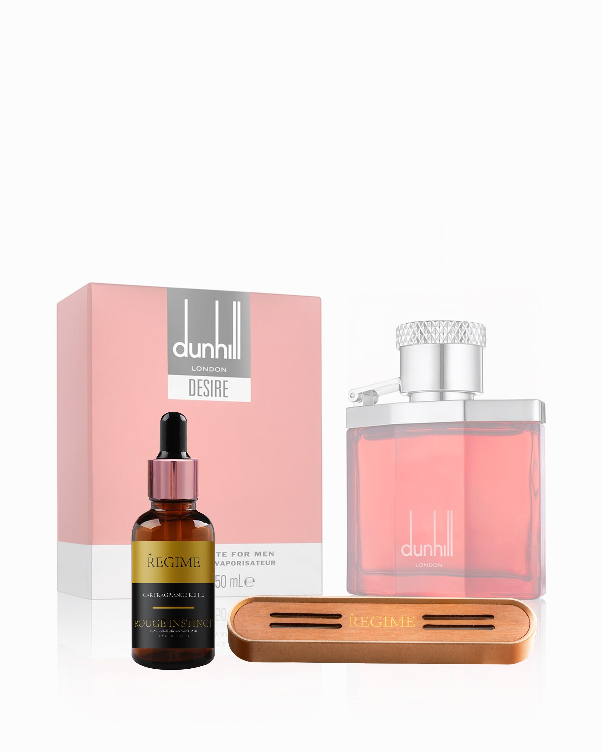 Premium fragrance oil dropper bottle inspired by Dunhill London Desire for Men, positioned before a subtle background image of the original Dunhill Desire perfume, accompanied by a sleek rose gold Regime Fragrances car vent clip featuring a wood-accented front panel with emission slits.