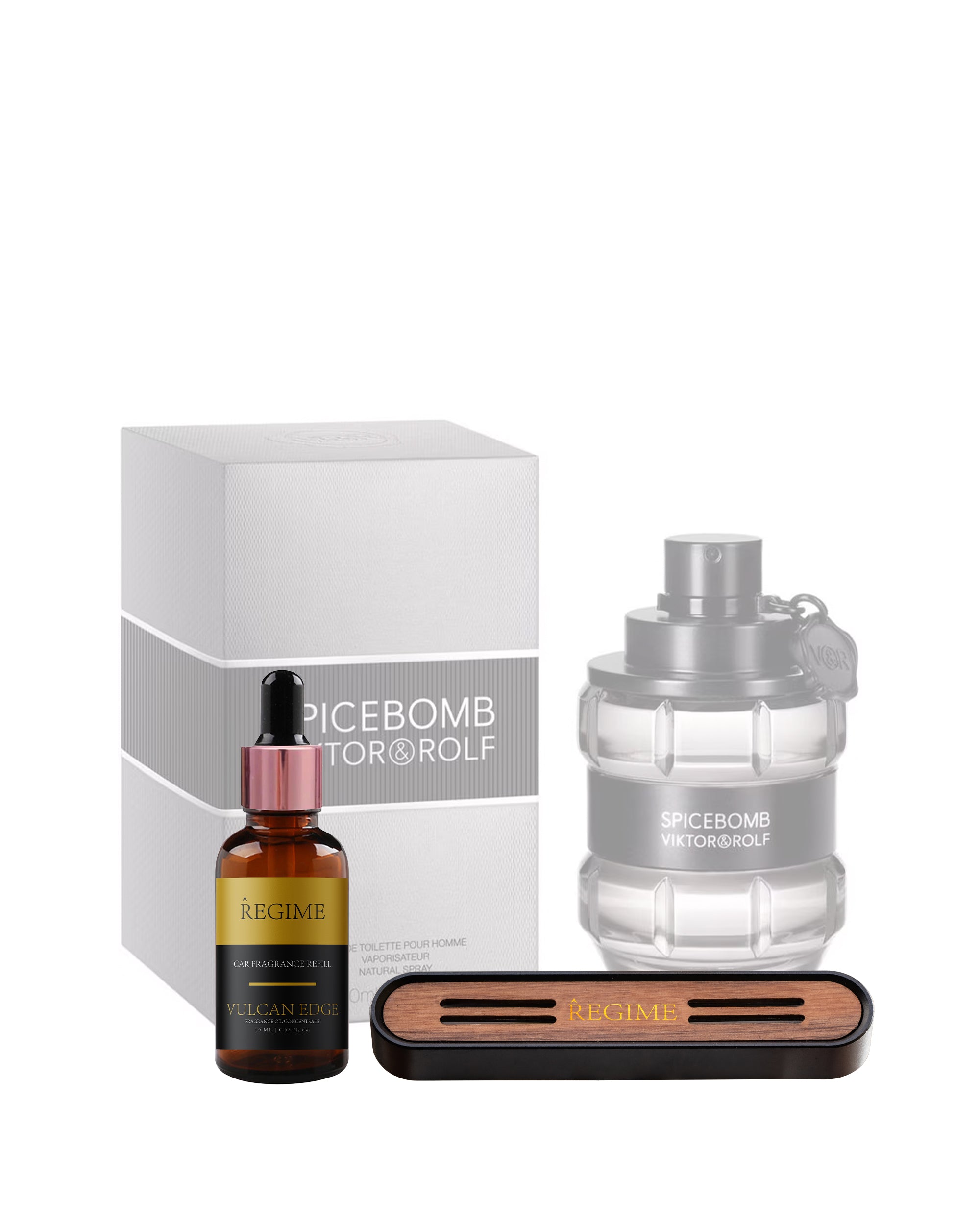 The fragrance set is sophisticated, with a faint image of Spicebomb Viktor & Rolf perfume for men in the background. In the foreground, a fragrance oil dropper bottle inspired by Spicebomb and a Regime Fragrances car air freshener vent clip with a sleek charcoal black metal exterior and a wooden panel with slits for scent diffusion.