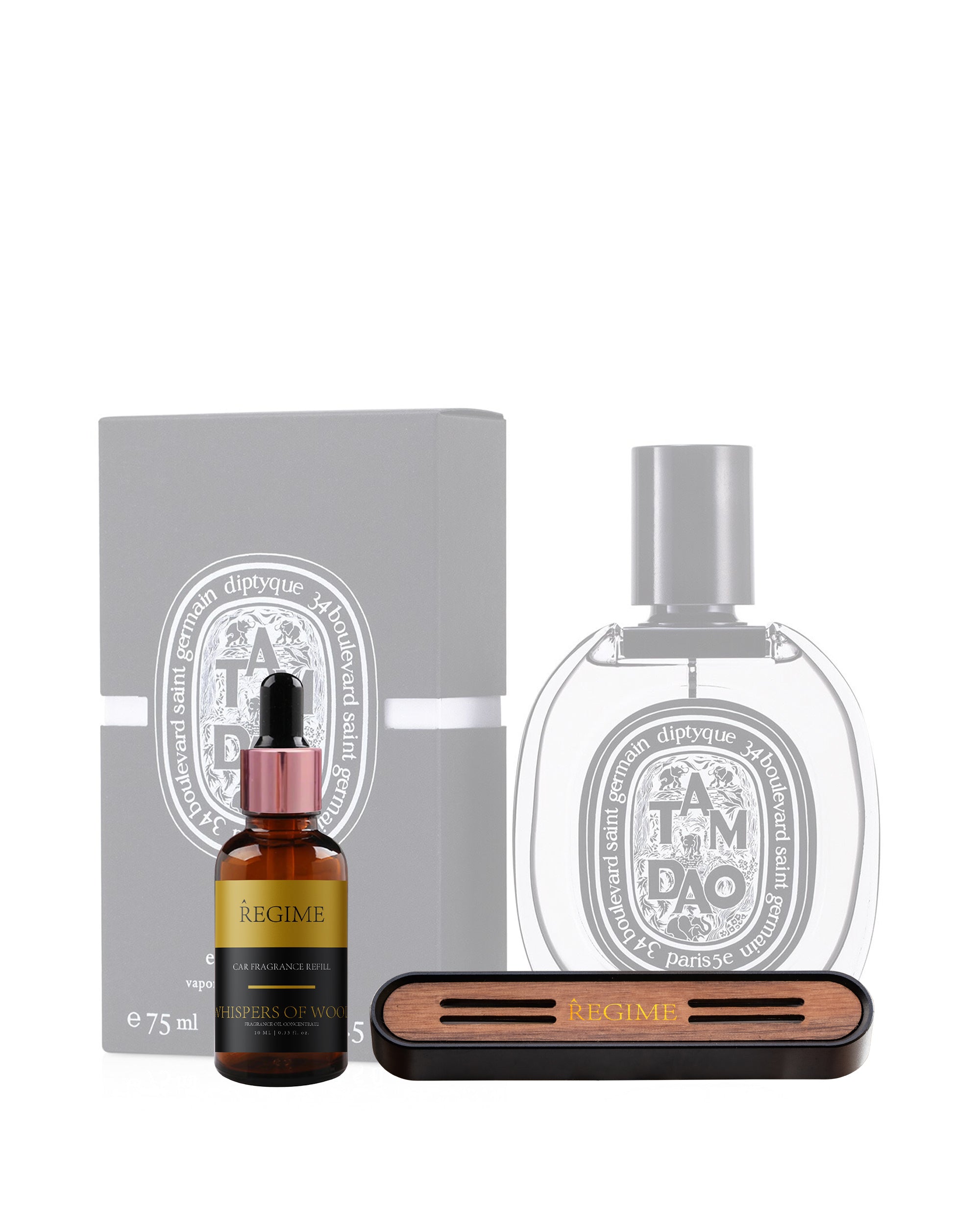 A subtle, blurred background with Diptyque Tam Dao perfume for men; in the foreground, a Diptyque Tam Dao inspired fragrance oil dropper bottle and a Regime Fragrances car air freshener vent clip featuring a charcoal black metal body and slotted wooden front panel for scent diffusion.